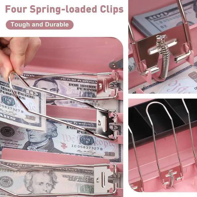 Alt view image 2 of 7 - Large Cash Box with Combination Lock, Money Box with Cash Tray, Lock Safe Box with Key, Money Saving Organizer, 11.81Lx 9.45Wx 3.54H Inches, Pink XL Large