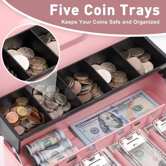 Alt view image 3 of 7 - Large Cash Box with Combination Lock, Money Box with Cash Tray, Lock Safe Box with Key, Money Saving Organizer, 11.81Lx 9.45Wx 3.54H Inches, Pink XL Large