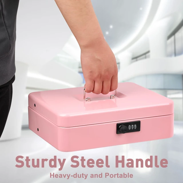 Alt view image 4 of 7 - Large Cash Box with Combination Lock, Money Box with Cash Tray, Lock Safe Box with Key, Money Saving Organizer, 11.81Lx 9.45Wx 3.54H Inches, Pink XL Large