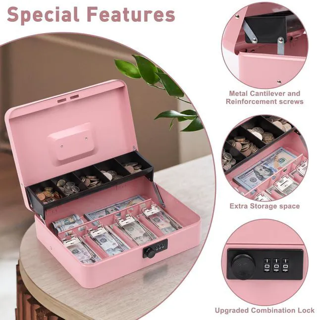 Alt view image 5 of 7 - Large Cash Box with Combination Lock, Money Box with Cash Tray, Lock Safe Box with Key, Money Saving Organizer, 11.81Lx 9.45Wx 3.54H Inches, Pink XL Large