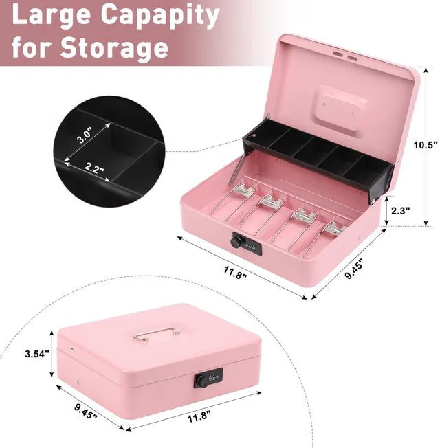 Alt view image 6 of 7 - Large Cash Box with Combination Lock, Money Box with Cash Tray, Lock Safe Box with Key, Money Saving Organizer, 11.81Lx 9.45Wx 3.54H Inches, Pink XL Large