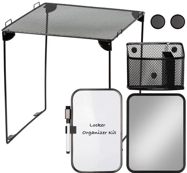 Main image of Black Locker Organizer Kit with Shelf, Shelf, Mirror, Pen Holder, Whiteboard, Back to School Essentials, 7-Piece Decoration Kit