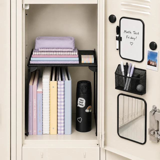 Alt view image 2 of 7 - Black Locker Organizer Kit with Shelf, Shelf, Mirror, Pen Holder, Whiteboard, Back to School Essentials, 7-Piece Decoration Kit