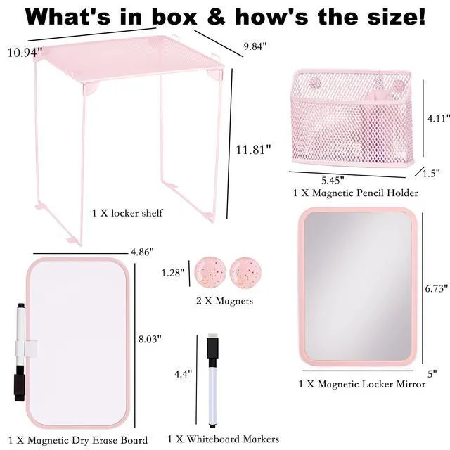 Alt view image 3 of 6 - Pink Locker Accessories with Locker Shelf, Magnetic Mirror, Magnetic Pen Holder, Magnetic Small Whiteboard, Back to School Essentials Locker Decorations, 7 Piece Locker Organizer for Work