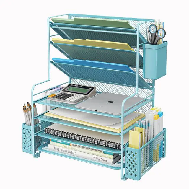 Main image of 7 Tier Desk File Organizer, Letter Tray Paper Organizer with Pen Holder and Metal Hanging Basket, Blue