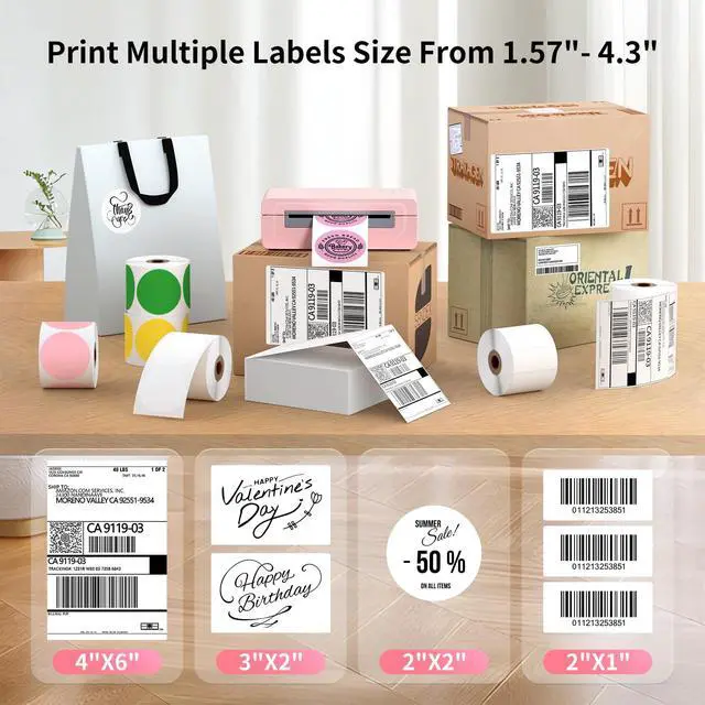 Alt view image 4 of 7 - Bluetooth Thermal Shipping Label Printer, 4X6 Inkless Label Machine for iOS, Android, Laptop, Wireless Printer for Small Business, Compatible with Amazon, UPS, Shopify, Pink