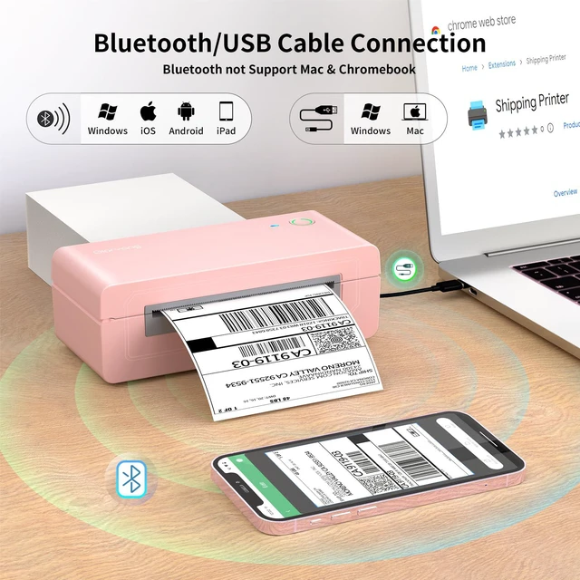 Alt view image 3 of 7 - Bluetooth Thermal Shipping Label Printer, 4X6 Inkless Label Machine for iOS, Android, Laptop, Wireless Printer for Small Business, Compatible with Amazon, UPS, Shopify, Pink
