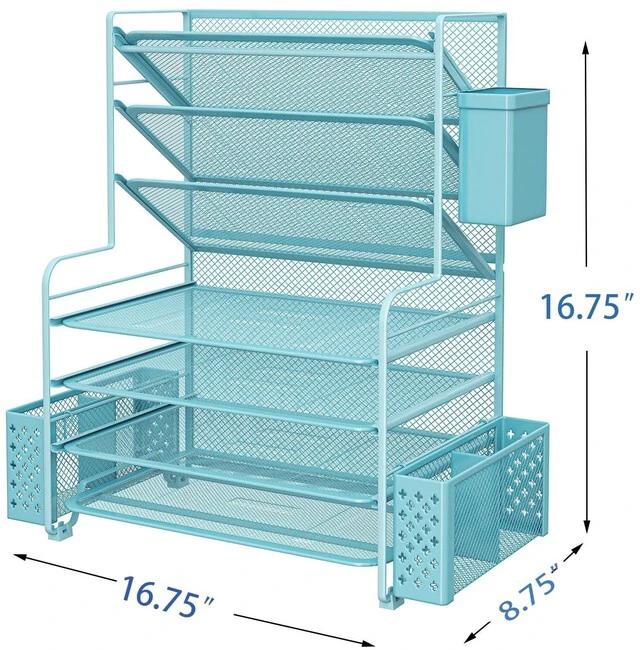 Alt view image 3 of 6 - 7 Tier Desk File Organizer, Letter Tray Paper Organizer with Pen Holder and Metal Hanging Basket, Blue