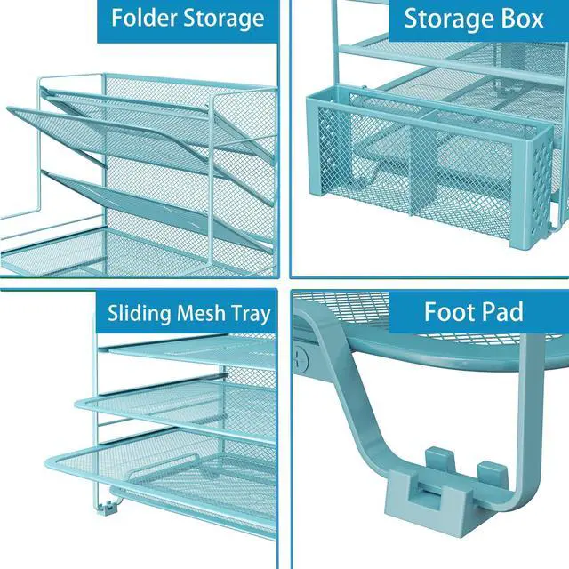 Alt view image 4 of 6 - 7 Tier Desk File Organizer, Letter Tray Paper Organizer with Pen Holder and Metal Hanging Basket, Blue
