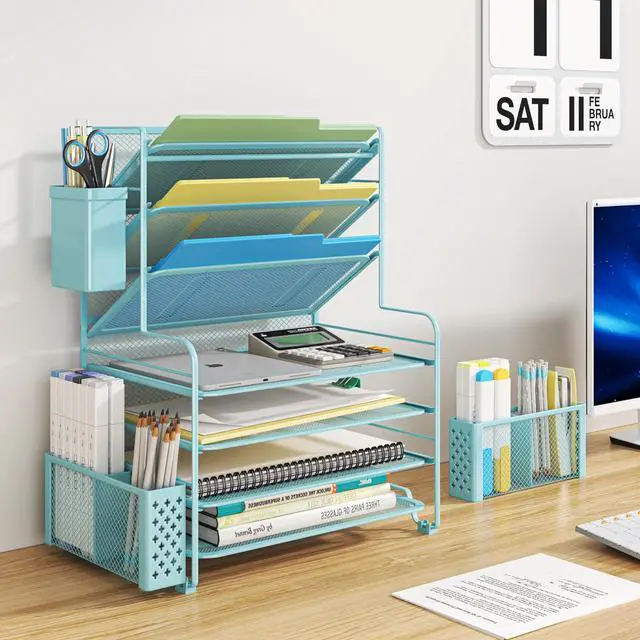 Alt view image 2 of 6 - 7 Tier Desk File Organizer, Letter Tray Paper Organizer with Pen Holder and Metal Hanging Basket, Blue