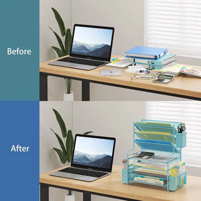 Alt view image 5 of 6 - 7 Tier Desk File Organizer, Letter Tray Paper Organizer with Pen Holder and Metal Hanging Basket, Blue