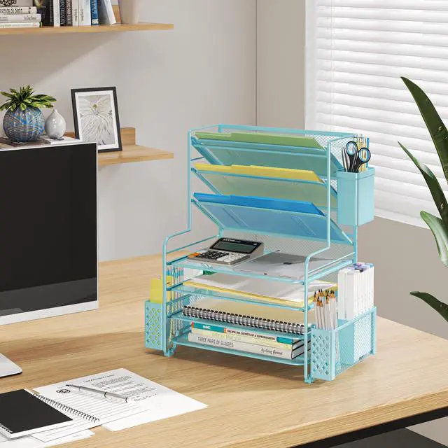 Alt view image 6 of 6 - 7 Tier Desk File Organizer, Letter Tray Paper Organizer with Pen Holder and Metal Hanging Basket, Blue