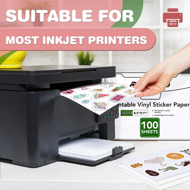 Alt view image 2 of 6 - 100 PCS Vinyl Sticker Paper, Matte Printable Sticker Paper Sticker Paper for Inkjet Printer 8.5 x 11 Waterproof Printable Matte Vinilo Adhesivo Imprimible Vinyl Sticker Paper