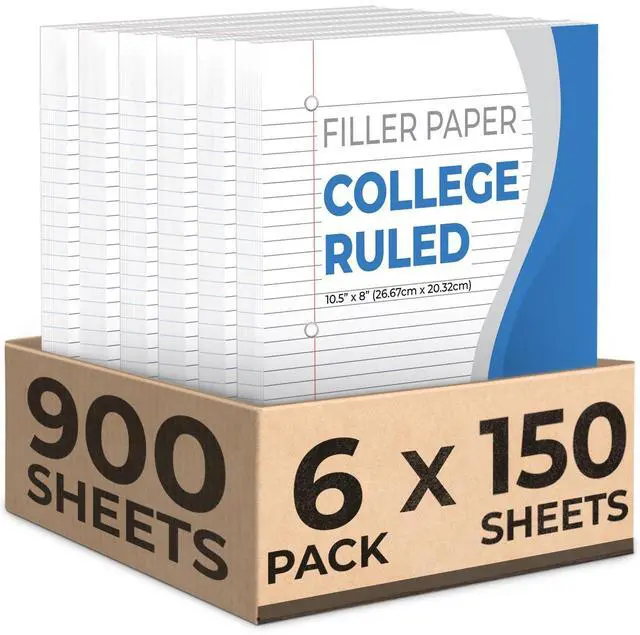 Main image of 900 Sheets Loose Leaf Paper, 6 Pack, College Ruled Filler Paper Bulk Office Filler Paper, 8" x 10.5", 3 Hole Punched, 150 Sheets/Pack, College Ruled Notebook Paper for Binder, White