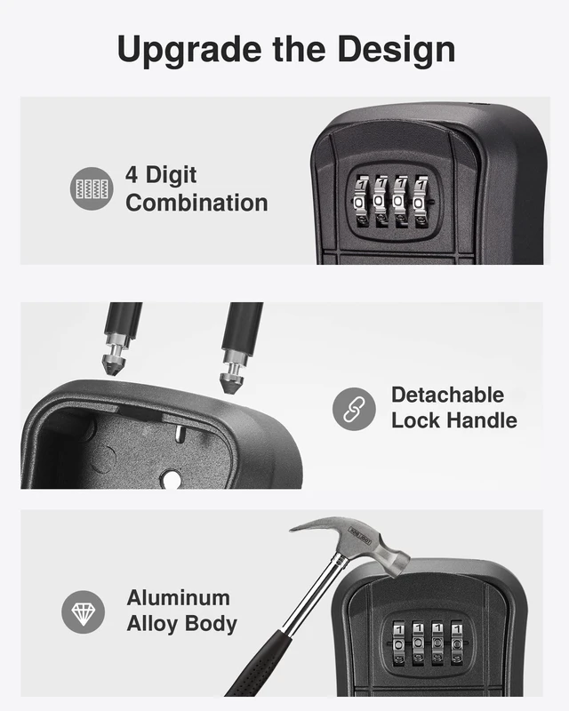 Alt view image 4 of 7 - Key Lock Box Outdoor 4 Digit Code Combination Lockbox House, 1 Black For Contractors Guest Realtor Storage Keys, Portable, Home Wall Mount, Resettable, Combination, Weatherproof, High-capacity