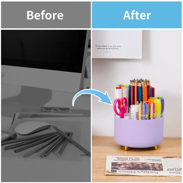 Alt view image 6 of 7 - Desk Organizer, 360-Degree Rotating Pen Holder, Desk Organizers and Accessories with 5 Compartments Pencil Holder, Art Supply Storage Box Caddy for Office, HomePurple