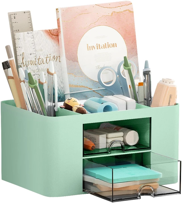 Main image of Pen Organizer with 2 Drawer, Multi-Functional Pencil Holder for Desk, Desk Organizers and Accessories with 5 Compartments + Drawer for Office Art Supplies (Green)