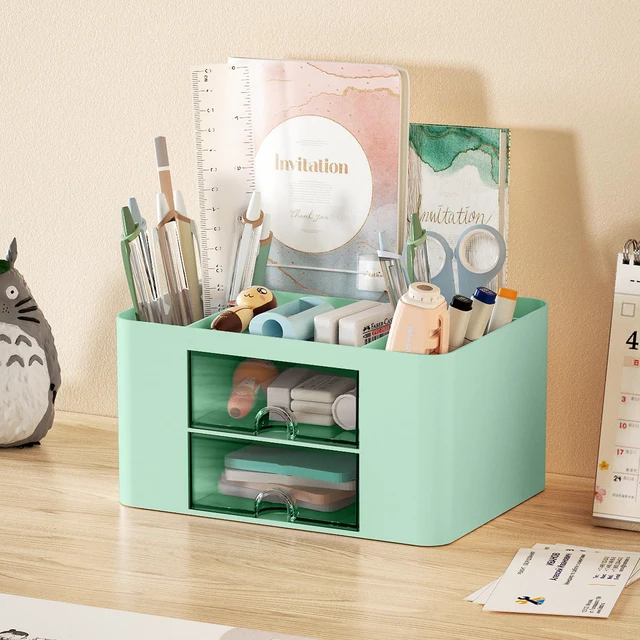 Alt view image 2 of 7 - Pen Organizer with 2 Drawer, Multi-Functional Pencil Holder for Desk, Desk Organizers and Accessories with 5 Compartments + Drawer for Office Art Supplies (Green)