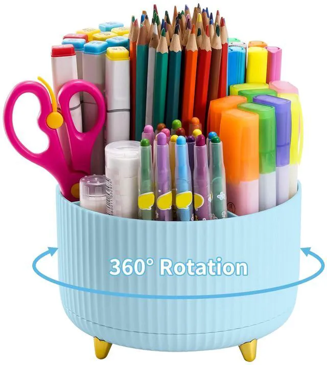 Main image of Desk Organizer, 360-Degree Rotating Pen Holder, Desk Organizers and Accessories with 5 Compartments Pencil Holder, Art Supply Storage Box Caddy for Office, HomeLight Blue