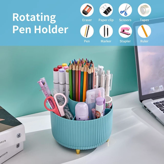 Alt view image 3 of 7 - Desk Organizer, 360-Degree Rotating Pen Holder, Desk Organizers and Accessories with 5 Compartments Pencil Holder, Art Supply Storage Box Caddy for Office, HomeLight Blue