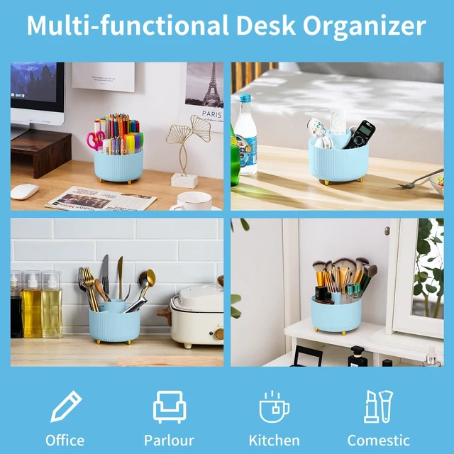 Alt view image 2 of 7 - Desk Organizer, 360-Degree Rotating Pen Holder, Desk Organizers and Accessories with 5 Compartments Pencil Holder, Art Supply Storage Box Caddy for Office, HomeLight Blue