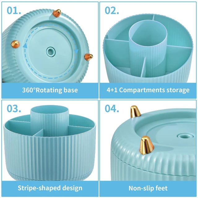 Alt view image 4 of 7 - Desk Organizer, 360-Degree Rotating Pen Holder, Desk Organizers and Accessories with 5 Compartments Pencil Holder, Art Supply Storage Box Caddy for Office, HomeLight Blue