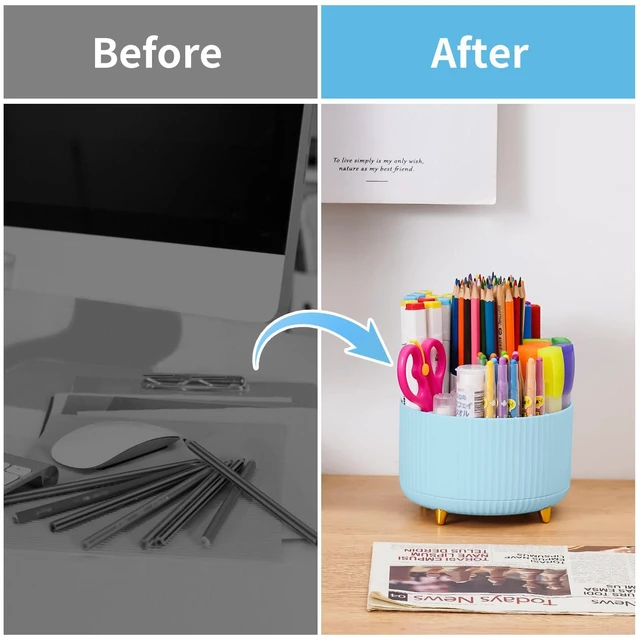Alt view image 7 of 7 - Desk Organizer, 360-Degree Rotating Pen Holder, Desk Organizers and Accessories with 5 Compartments Pencil Holder, Art Supply Storage Box Caddy for Office, HomeLight Blue