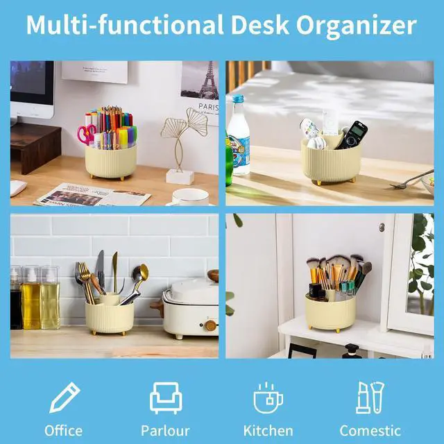 Alt view image 2 of 7 - Desk Organizer, 360-Degree Rotating Pen Holder, Desk Organizers and Accessories with 5 Compartments Pencil Holder, Art Supply Storage Box Caddy for Office, Home (Yellow)