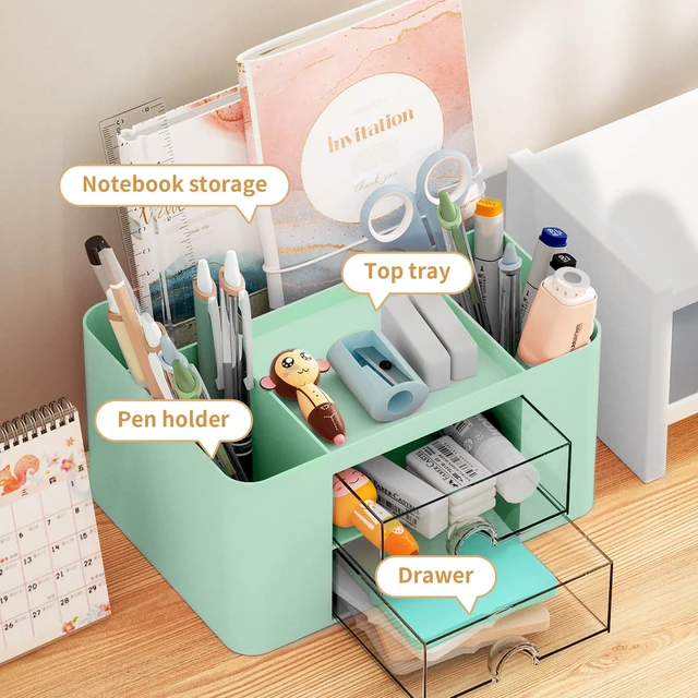 Alt view image 3 of 7 - Pen Organizer with 2 Drawer, Multi-Functional Pencil Holder for Desk, Desk Organizers and Accessories with 5 Compartments + Drawer for Office Art Supplies (Green)