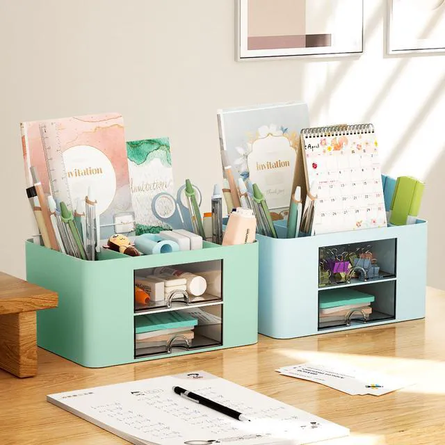 Alt view image 6 of 7 - Pen Organizer with 2 Drawer, Multi-Functional Pencil Holder for Desk, Desk Organizers and Accessories with 5 Compartments + Drawer for Office Art Supplies (Green)
