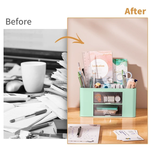 Alt view image 7 of 7 - Pen Organizer with 2 Drawer, Multi-Functional Pencil Holder for Desk, Desk Organizers and Accessories with 5 Compartments + Drawer for Office Art Supplies (Green)