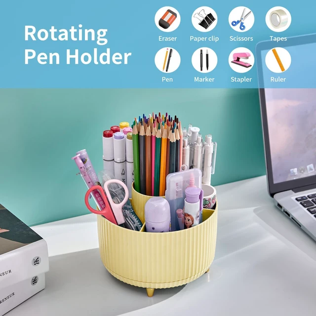 Alt view image 3 of 7 - Desk Organizer, 360-Degree Rotating Pen Holder, Desk Organizers and Accessories with 5 Compartments Pencil Holder, Art Supply Storage Box Caddy for Office, Home (Yellow)