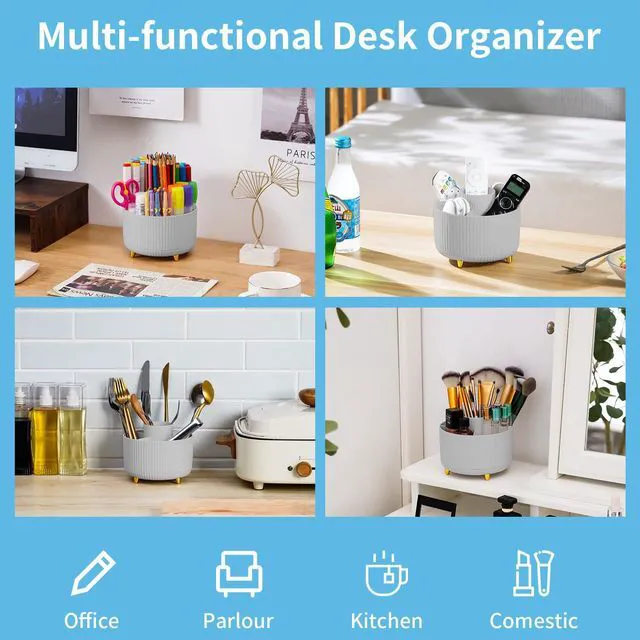 Alt view image 2 of 7 - Desk Organizer, 360-Degree Rotating Pen Holder, Desk Organizers and Accessories with 5 Compartments Pencil Holder, Art Supply Storage Box Caddy for Office, Home (Grey)