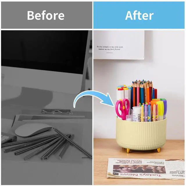 Alt view image 7 of 7 - Desk Organizer, 360-Degree Rotating Pen Holder, Desk Organizers and Accessories with 5 Compartments Pencil Holder, Art Supply Storage Box Caddy for Office, Home (Yellow)