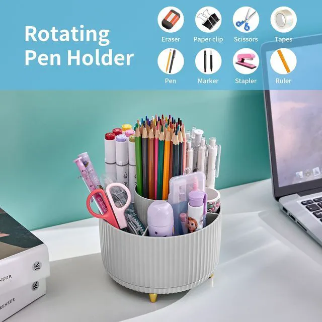 Alt view image 3 of 7 - Desk Organizer, 360-Degree Rotating Pen Holder, Desk Organizers and Accessories with 5 Compartments Pencil Holder, Art Supply Storage Box Caddy for Office, Home (Grey)