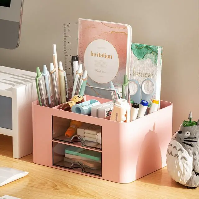 Alt view image 3 of 7 - Pen Organizer with 2 Drawer, Multi-Functional Pencil Holder for Desk, Desk Organizers and Accessories with 5 Compartments + Drawer for Office Art Supplies (Pink)