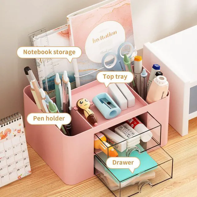 Alt view image 2 of 7 - Pen Organizer with 2 Drawer, Multi-Functional Pencil Holder for Desk, Desk Organizers and Accessories with 5 Compartments + Drawer for Office Art Supplies (Pink)