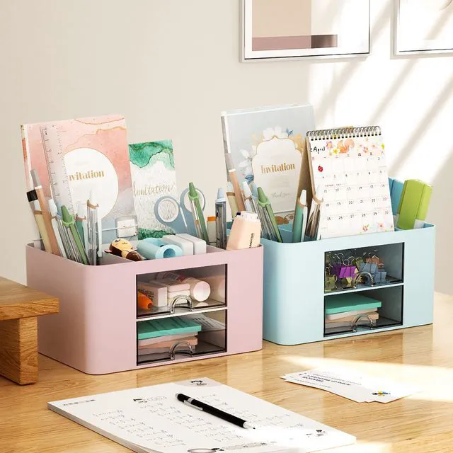 Alt view image 5 of 7 - Pen Organizer with 2 Drawer, Multi-Functional Pencil Holder for Desk, Desk Organizers and Accessories with 5 Compartments + Drawer for Office Art Supplies (Pink)
