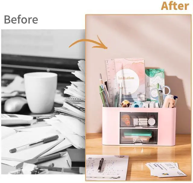 Alt view image 7 of 7 - Pen Organizer with 2 Drawer, Multi-Functional Pencil Holder for Desk, Desk Organizers and Accessories with 5 Compartments + Drawer for Office Art Supplies (Pink)