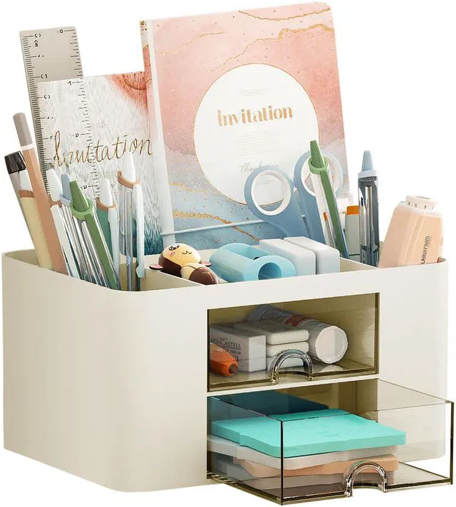 Main image of Pen Organizer with 2 Drawer, Multi-Functional Pencil Holder for Desk, Desk Organizers and Accessories with 5 Compartments + Drawer for Office Art Supplies (Beige)