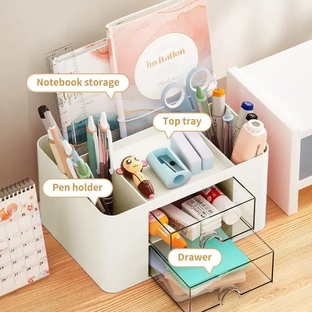 Alt view image 2 of 7 - Pen Organizer with 2 Drawer, Multi-Functional Pencil Holder for Desk, Desk Organizers and Accessories with 5 Compartments + Drawer for Office Art Supplies (Beige)