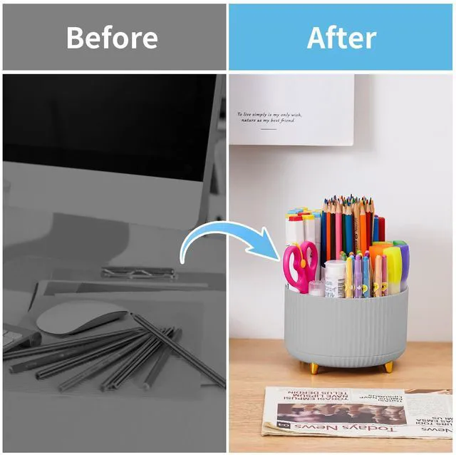 Alt view image 7 of 7 - Desk Organizer, 360-Degree Rotating Pen Holder, Desk Organizers and Accessories with 5 Compartments Pencil Holder, Art Supply Storage Box Caddy for Office, Home (Grey)