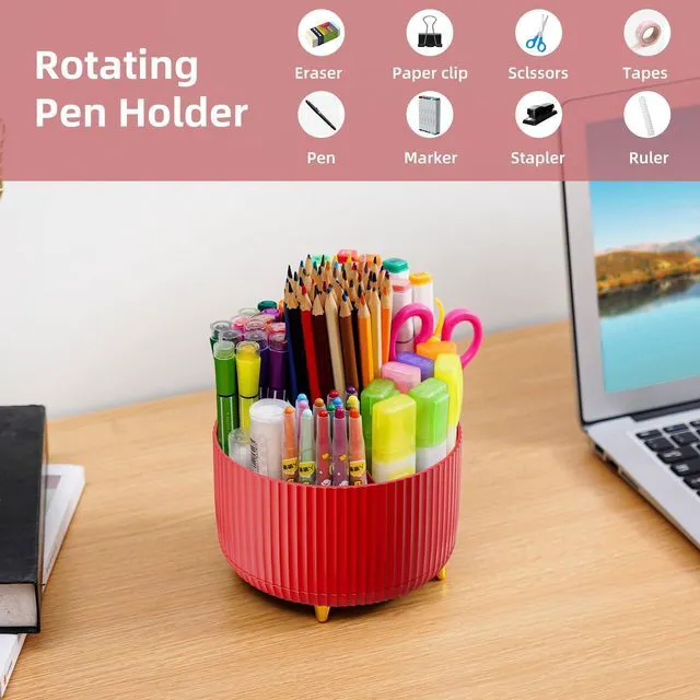 Alt view image 3 of 7 - Desk Organizer, 360-Degree Rotating Pen Holder for Desk, Desk Organizers and Accessories with 5 Compartments Pencil Organizer, Art Supply Storage Box Caddy for Office, Home (Red)