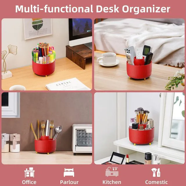 Alt view image 2 of 7 - Desk Organizer, 360-Degree Rotating Pen Holder for Desk, Desk Organizers and Accessories with 5 Compartments Pencil Organizer, Art Supply Storage Box Caddy for Office, Home (Red)