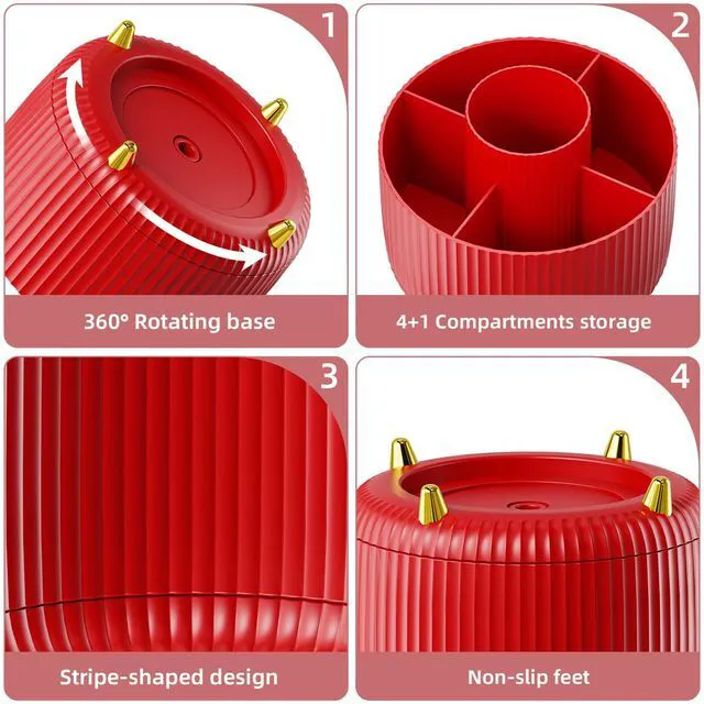 Alt view image 4 of 7 - Desk Organizer, 360-Degree Rotating Pen Holder for Desk, Desk Organizers and Accessories with 5 Compartments Pencil Organizer, Art Supply Storage Box Caddy for Office, Home (Red)