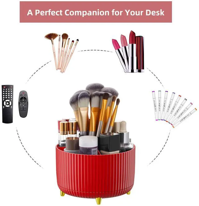 Alt view image 6 of 7 - Desk Organizer, 360-Degree Rotating Pen Holder for Desk, Desk Organizers and Accessories with 5 Compartments Pencil Organizer, Art Supply Storage Box Caddy for Office, Home (Red)