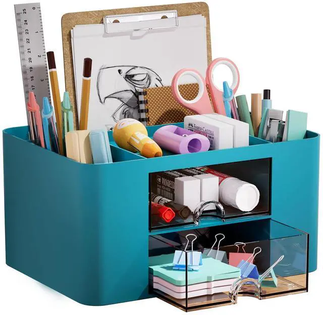 Main image of Pen Organizer with 2 Drawer, Multi-Functional Pencil Holder for Desk, Desk Organizers and Accessories with 5 Compartments + Drawer for Office Art Supplies (Dark Green)