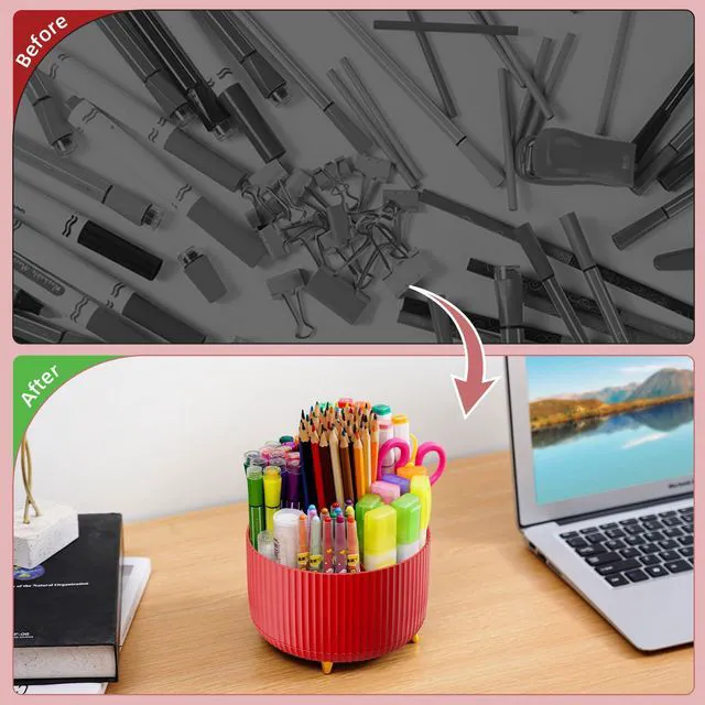 Alt view image 7 of 7 - Desk Organizer, 360-Degree Rotating Pen Holder for Desk, Desk Organizers and Accessories with 5 Compartments Pencil Organizer, Art Supply Storage Box Caddy for Office, Home (Red)