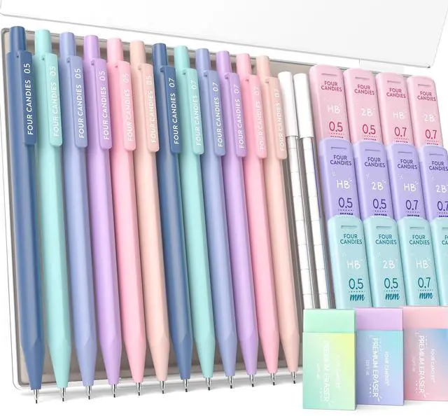 Main image of Cute Mechanical Pencil Set, 0.5mm & 0.7mm Point, 12-Count Pack 720 HB/2B Leads, 3 Erasers, 18 Eraser Refills, Storage Case, Pastel Barrels, Triangular Grip, for Notes & Drawing