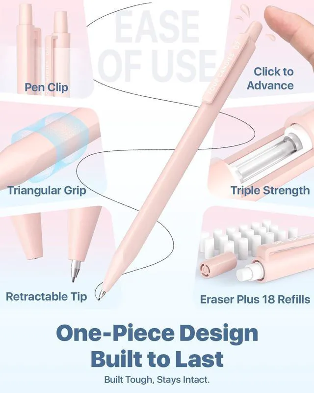 Alt view image 2 of 7 - Cute Mechanical Pencil Set, 0.5mm & 0.7mm Point, 12-Count Pack 720 HB/2B Leads, 3 Erasers, 18 Eraser Refills, Storage Case, Pastel Barrels, Triangular Grip, for Notes & Drawing